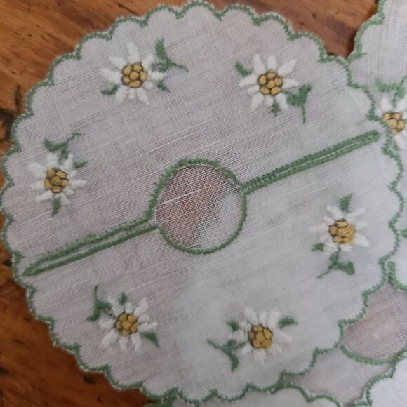 Vintage White Linen Wine Slipper Coaster Set (8) – Embroidered Floral Design - Picture 4 of 5